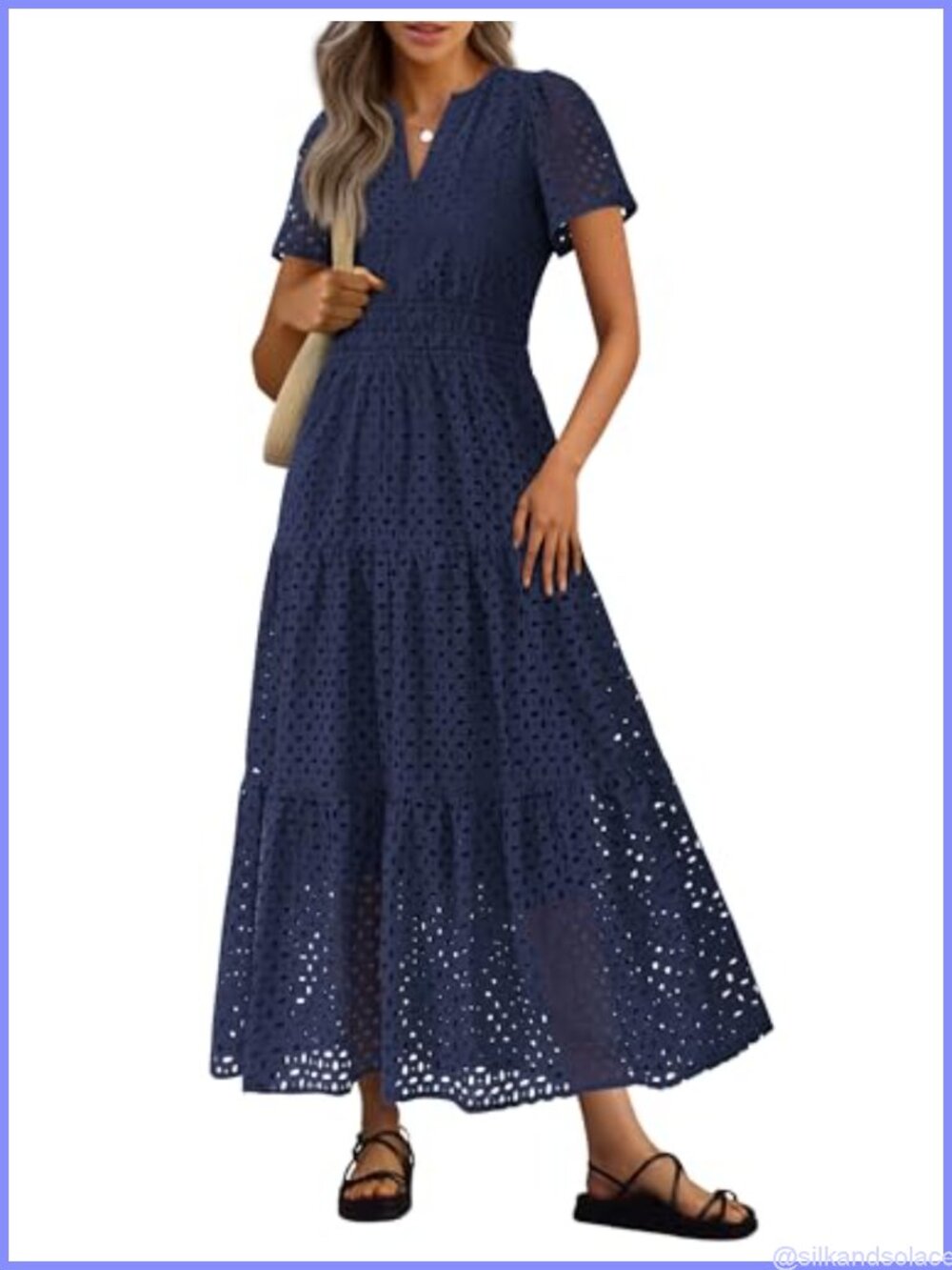 Women's Eyelet Maxi Dress - Cotton A-Line V-Neck Ruffle Beach Dress